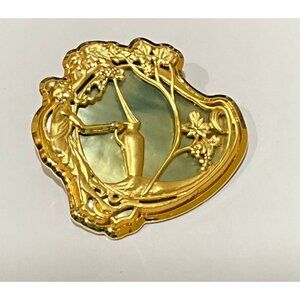 Duri Art Nouveau Brooch Pin Gold Tone Abalone Shell Woman Lady Gathering Wine